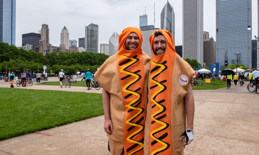men dressed as hot dogs